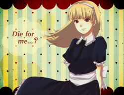  alice_(megami_tensei) bean-curd blonde_hair blue_dress club_(shape) commentary_request devil_summoner_(series) diamond_(gemstone) dress female hair_ribbon hairband heart lolicon long_hair megami_tensei puffy_sleeves red_eyes ribbon shin_megami_tensei smile solo spade_(shape) 