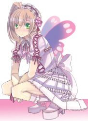  1boy ahoge asymmetrical_hair blonde_hair blush butterfly_wings dress flower footwear green_hair high_heels lolita_fashion long_hair maid_headdress male male_focus original platform_footwear ribbon rose sitting smile socks solo sweet_lolita tachibanaei trap wings 