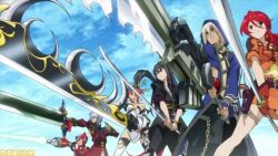  2girls 4boys bare_shoulders belt black_hair blue_sky buckle chains cloud crossover day foreshortening fringe_trim from_below gemini_sunrise gloves god_eater god_eater_burst group_picture group_profile hood huge_weapon lineup long_hair mega_man_(series) mega_man_x_(series) multiple_boys multiple_crossover multiple_girls nanbu_kaguya profile project_x_zone red_hair sakura_taisen sakura_taisen_v sanger_zonvolt sky soma_schicksal spread_legs standing sunrise_stance super_robot_wars super_robot_wars_og_saga_mugen_no_frontier super_robot_wars_original_generation sword tales_of_(series) tales_of_vesperia thighhighs weapon white_hair yuri_lowell zero_(mega_man) 