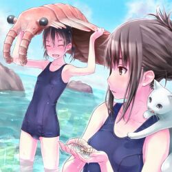  2girls :d ^_^ animal anomalocaris bare_arms bare_shoulders blush breasts brown_eyes brown_hair carrying closed_eyes collarbone commentary coral day feline grey_eyes hallucigenia holding horizon multiple_girls ocean one-piece_swimsuit open_mouth original outdoors prehistoric_animal rock school_swimsuit shimano_natsume short_hair sky small_breasts smile standing swimsuit tongue twintails wading water wet white_cat 