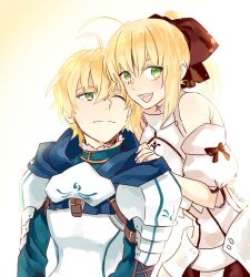  1boy :d ahoge armor armored_dress arthur_pendragon_(fate) artoria_pendragon_(fate) bad_id bad_pixiv_id blonde_hair bow buun_ko detached_sleeves fate/prototype fate/stay_night fate/unlimited_codes fate_(series) female green_eyes hairbow hand_on_another&#039;s_shoulder long_hair one_eye_closed open_mouth ponytail saber_lily short_hair smile 