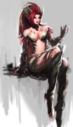  bad_id bad_pixiv_id bare_shoulders breasts cleavage dopey_(dopq) extra_ears female glowing glowing_eyes large_breasts leaf league_of_legends long_hair monster_girl navel orange_eyes plant red_hair solo thorns vines zyra 