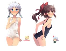  4girls blonde_hair blue_eyes blush braid brown_hair chibi flandre_scarlet grey_hair hair_ribbon hakurei_reimu izayoi_sakuya light_purple_hair maid_headdress multiple_girls one-piece_swimsuit ponytail remilia_scarlet ribbon school_swimsuit shin_(new) sweat swimsuit touhou twin_braids white_one-piece_swimsuit yellow_eyes |_| 