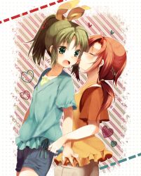  2girls bad_id bad_pixiv_id blush closed_eyes diagonal_stripes green_eyes green_hair green_shirt heart hino_akane_(smile_precure!) imminent_kiss midorikawa_nao multiple_girls nochita_shin open_mouth orange_shirt ponytail precure red_hair shirt short_hair shorts smile_precure striped striped_background yuri 