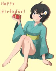  akumu_(hiziiiiii) aqua_kimono araragi_tsukihi black_eyes black_hair commentary_request egg_hair_ornament female food-themed_hair_ornament hair_ornament happy_birthday japanese_clothes kimono monogatari_(series) nisemonogatari photoshop_(medium) short_hair solo 