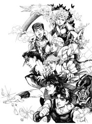  6+boys battle_tendency bud_(korovsme) bug butterfly chains commentary_request diamond_wa_kudakenai family father_and_daughter father_and_son female fingerless_gloves flower gakuran giorno_giovanna gloves greyscale hairband hat heart higashikata_josuke johnny_joestar jojo_no_kimyou_na_bouken jonathan_joestar joseph_joestar joseph_joestar_(young) kujo_jolyne kujo_jotaro millipen_(medium) monochrome multiple_boys nib_pen_(medium) phantom_blood school_uniform sleeveless sparkle star_(symbol) stardust_crusaders steel_ball_run stone_ocean time_paradox traditional_media vento_aureo water wings 