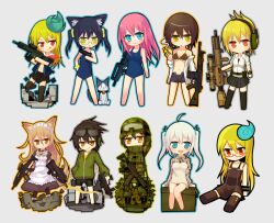  6+girls ak_5 ammunition_box assault_rifle battle_rifle bikini bikini_top_only black_footwear boots breasts bullpup camouflage camouflage_headwear camouflage_jacket camouflage_pants cleavage combat_boots combat_helmet combat_shirt commentary_request covered_mouth cross-laced_footwear dual_wielding famas fatigues feline fn_f2000 fn_fnc folding_stock front-tie_top full_body glasses goggles goggles_on_head goggles_on_headwear green-framed_eyewear grey_cat gun h&amp;k_g28 h&amp;k_g3 h&amp;k_mp7 h&amp;k_xm8 handgun headset heckler_&amp;_koch helmet holding ico_(green_bullet) jacket kimidori_(ico) lace-up_boots long_hair long_sleeves looking_at_viewer maid maid_headdress medium_breasts military military_jacket military_uniform multiple_girls no_nose one-piece_swimsuit open_clothes open_fly open_shirt optical_sight original pants rifle rk95 school_swimsuit scope semi-rimless_eyewear shirt sig_p210 sig_sauer slit_pupils smile smoke smoking smoking_barrel soldier submachine_gun swimsuit thighhighs under-rim_eyewear underboob uniform unzipped weapon 