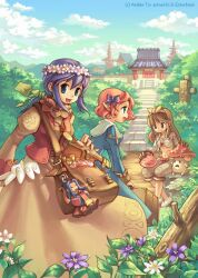  3girls :3 architecture bad_id blue_dress blue_eyes bow bow_bra bra brown_dress brown_eyes brown_hair brown_shorts cloud commentary dated_commentary doll dress east_asian_architecture flower gloves greatest_general_(ragnarok_online) green_eyes hair_ribbon hairband hairbow head_wreath headpat juliet_sleeves long_hair long_sleeves looking_at_viewer merchant_(ragnarok_online) multiple_girls mushroom outdoors photoshop_(medium) plant poring potion priest_(ragnarok_online) puffy_sleeves purple_bow purple_flower purple_hair ragnarok_online red_bow red_hair ribbon short_hair shorts shrug_(clothing) sky spore_(ragnarok_online) stairs stone_stairs thief_(ragnarok_online) tiv underwear white_bra white_flower wood 