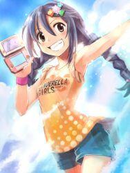  blue_shorts braid brown_eyes commentary_request copyright_name edobox fashion female hair_ornament handheld_game_console idolmaster idolmaster_cinderella_girls long_hair miyoshi_sana nintendo_ds shorts solo twin_braids 