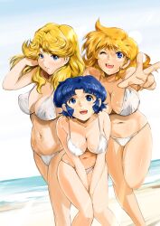  3girls beach between_legs bikini blonde_hair blue_eyes blue_hair blush breasts commentary_request covered_nipples day dutch_angle feet_out_of_frame flipped_hair foreshortening groin hair_flip hair_over_shoulder hand_between_legs hand_up happy hip_focus horizon kusuha_mizuha large_breasts leaning_forward leg_lift leg_up legs_together lens_flare leona_garstein light_smile long_hair looking_at_viewer lune_zoldark medium_breasts multiple_girls navel ocean one_eye_closed open_mouth outdoors outstretched_arm parted_bangs parted_lips shiny_skin short_hair shu-z sideboob sidelocks skindentation sky smile standing standing_on_one_leg string_bikini super_robot_wars super_robot_wars_original_generation swimsuit thighs v_arms water wavy_hair white_bikini 