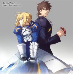  1boy ahoge alternate_universe armor armored_dress artoria_pendragon_(fate) black_keys_(type-moon) blonde_hair brown_eyes brown_hair command_spell commentary_request cross cross_necklace dress excalibur_(fate/stay_night) fate/zero fate_(series) female gauntlets green_eyes hair_ribbon invisible_air_(fate) jewelry kotomine_kirei necklace ribbon saber_(fate) sword weapon zihad 