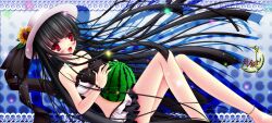  alternate_costume black_hair blush breasts cleavage collarbone commentary_request female flower food fruit hat hime_cut houraisan_kaguya key_luna long_hair medium_breasts open_mouth red_eyes slim_legs solo sunflower touhou very_long_hair watermelon 