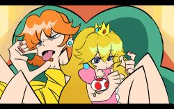  2girls artist_request blonde_hair blue_eyes crossover crown earrings fukumitsu_(kirarirorustar) jewelry kneesocks_(psg) lowres mario_(series) multiple_girls nintendo orange_hair panty_&amp;_stocking_with_garterbelt panty_(psg) parody ponytail princess_daisy princess_peach shorts stocking_(psg) style_parody super_mario_bros. super_mario_land 