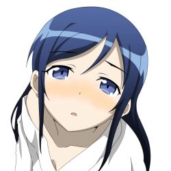  aragaki_ayase blue_eyes blue_hair blush claria close-up commentary_request female looking_at_viewer looking_up ore_no_imouto_ga_konna_ni_kawaii_wake_ga_nai simple_background solo upper_body white_background 