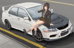  alcohol blazer brown_eyes brown_hair car champagne commentary english_commentary evokid female glass jacket mitsubishi_lancer_evolution mitsubishi_motors motor_vehicle necktie on_vehicle original photoshop_(medium) right-hand_drive school_uniform short_hair sitting skirt solo vehicle_focus 