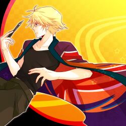  1boy areri blonde_hair commentary_request haori ivan_karelin jacket jacket_on_shoulders japanese_clothes kunai male_focus purple_eyes solo tiger_&amp;_bunny weapon 