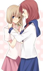  2girls amazuki_jou blonde_hair blue_eyes blush brown_eyes brown_hair commentary_request fukuji_mihoko heterochromia kazekoshi_school_uniform kiyosumi_school_uniform multiple_girls rubber_band saki_(manga) school_uniform serafuku short_hair takei_hisa twintails yellow_eyes 