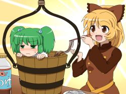  2girls blonde_hair blush bow bucket commentary_request food green_eyes green_hair hair_ornament hairbow in_bucket in_container kisume kurodani_yamame multiple_girls noodles shirosato touhou unhappy wooden_bucket 