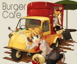  1boy 456_(456log) apron bad_id bad_pixiv_id black_pants blonde_hair blue_eyes brother_and_sister burger collared_shirt cup d: daihatsu daihatsu_midget disposable_cup dropping dual_wielding female food food_stand french_fries hair_ornament hair_ribbon hairclip head_rest highres holding kagamine_len kagamine_rin ketchup_bottle menu_board motor_vehicle mustard necktie note open_mouth pants parasol pen plate polka_dot polka_dot_background red_bull red_necktie ribbon shirt shoes short_hair siblings sleeves_rolled_up smile sweatdrop table text_focus tray tripping twins umbrella van vocaloid waist_apron waiter white_footwear white_shirt 