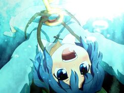  blue_eyes blue_hair blush collarbone commentary_request female hat kawashiro_nitori key long_sleeves open_mouth shirosato short_hair solo touhou underwater upside-down 