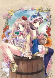  2girls arched_crown ascot atelier_(series) atelier_meruru bare_legs barrel basket blonde_hair blue_eyes blue_footwear blue_sleeves blue_thighhighs boots bow braid brown_eyes brown_hair commentary_request crown detached_sleeves flask flower full_body hairband half_updo long_hair merurulince_rede_arls multiple_girls pink_flower pink_rose purple_flower purple_rose red_bow red_crown ribbon rose round-bottom_flask shoes sitting skirt smile thigh_boots thighhighs tilted_headwear totooria_helmold tougarashi_hideyu 