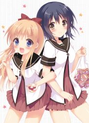  2girls :d bad_id bad_pixiv_id bag black_hair blonde_hair blue_eyes blush bow food funami_yui hairbow holding ice_cream locked_arms long_hair looking_at_viewer multiple_girls nanamori_school_uniform open_mouth pan_(mimi) photoshop_(medium) plastic_bag rum_raisin school_uniform serafuku short_hair smile spoon star_(symbol) toshinou_kyouko transparent v-shaped_eyebrows yellow_eyes yuru_yuri 