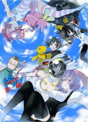  2girls 3boys agumon alternate_legwear angewomon blackwargreymon blackwargreymon_x-antibody blue_eyes blue_hair digimon digimon_(creature) digimon_world_re:digitize downblouse gaomon glasses helmet kuga_yuuya mikagura_mirei multiple_boys multiple_girls nikolai_petrov official_art piyomon purple_eyes purple_hair rindou_akiho taiga_(digimon) thighhighs twintails yasuda_suzuhito 