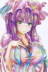  bad_id bad_pixiv_id bow breasts colored_pencil_(medium) covered_nipples female green_eyes hairbow hands_on_own_chest hat highres kitazinger large_breasts long_hair patchouli_knowledge purple_eyes solo touhou traditional_media upper_body very_long_hair 