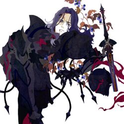  1boy armor arondight_(fate) bad_id bad_pixiv_id berserker_(fate/zero) blood blood_in_mouth fate/zero fate_(series) kuroihato long_hair male_focus plant purple_eyes purple_hair solo spoilers sword transparent_background vines weapon 