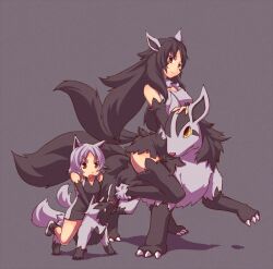  2girls animal_ears black_legwear commentary_request creature_and_personification evolutionary_line kuromiya long_hair mightyena multiple_girls open_mouth personification pokemon pokemon_(creature) poochyena red_eyes riding riding_pokemon short_hair smile tail thighhighs very_long_hair 