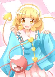  blonde_hair blush commentary_request cosplay female hairband highres komeiji_satori komeiji_satori_(cosplay) long_sleeves precure short_hair smile_precure solo third_eye touhou white_hairband wide_sleeves xenon_(for_achieve) yayoi_kise yellow_eyes 