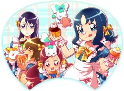  4girls :3 :q :t apron bad_id bad_pixiv_id blue_eyes blue_hair bow brown_hair cake chypre_(heartcatch_precure!) closed_eyes coffret_(heartcatch_precure!) eating food food_on_face glasses hanasaki_tsubomi heartcatch_precure! highres itsuki_(otsugei) kurumi_erika long_hair multiple_girls myoudouin_itsuki pink_bow potpourri_(heartcatch_precure!) precure purple_eyes purple_hair red_eyes red_hair short_hair tongue tongue_out tsukikage_yuri twintails 