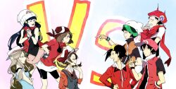  4boys 4girls bad_id bad_pixiv_id bandana baseball_cap beret brendan_(pokemon) dawn_(pokemon) ethan_(pokemon) hat leaf_(pokemon) long_hair lucas_(pokemon) lyra_(pokemon) may_(pokemon) multiple_boys multiple_girls omaru_(662904) photoshop_(medium) pokemon pokemon_dppt pokemon_frlg pokemon_hgss pokemon_rse red_(pokemon) ribbon scarf smile twintails v vs 