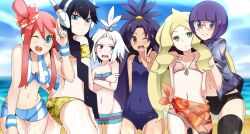  6+girls absurdres alternate_costume ass bad_id bad_pixiv_id bikini black_hair blonde_hair blue_eyes brown_eyes caitlin_(pokemon) dark-skinned_female dark_skin elesa_(pokemon) glasses green_eyes hair_ornament highres iris_(pokemon) jacket multiple_girls navel one-piece_swimsuit one_eye_closed outdoors parsley_(kn-08) pokemon pokemon_bw pokemon_bw2 purple_eyes purple_hair red_hair roxie_(pokemon) school_swimsuit shauntal_(pokemon) skyla_(pokemon) swimsuit thigh_gap thighhighs topknot v white_hair 