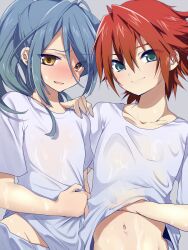  2boys bad_id bad_pixiv_id blue_hair blush clothes_lift green_eyes hand_on_another&#039;s_shoulder highres inazuma_eleven inazuma_eleven_(series) kazemaru_ichirouta kiyama_hiroto long_hair male_focus mataro_(matarou) multiple_boys navel ponytail red_hair see-through shirt_lift simple_background smile standing wet yellow_eyes 