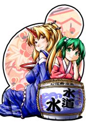  2girls alternate_costume alternate_hairstyle blue_kimono blush breasts brown_eyes collarbone commentary_request cup detached_sleeves elbow_rest green_eyes green_hair hair_bobbles hair_ornament hair_stick hairpin hand_on_own_cheek hand_on_own_face horns hoshiguma_yuugi hoshiguma_yuugi_(kimono) japanese_clothes kimono kisume large_breasts long_hair looking_at_viewer multiple_girls photoshop_(medium) ponytail sakazuki sake_barrel short_hair single_horn smile touhou twintails wide_sleeves yuzu_momo 