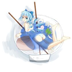  bad_id bad_pixiv_id barefoot bikini blue_eyes blue_hair blush bow bowl chopsticks circled_9 cirno female food hairbow highres ice ice_wings kamaboko kita_(kitairoha) looking_up narutomaki noodles open_mouth short_hair smile solo soumen striped_bikini striped_clothes swimsuit touhou water wings 