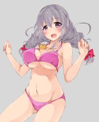  bikini bow braid breasts commentary_request diagonal_stripes female grey_hair hairbow idolmaster idolmaster_cinderella_girls jewelry large_breasts long_hair navel necklace necktie open_mouth plus9 purple_bikini purple_eyes sakakibara_satomi simple_background solo striped_bikini striped_clothes swimsuit twin_braids underboob 