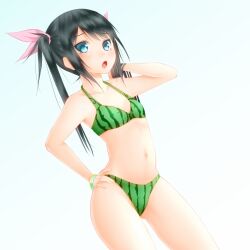  bikini black_hair blue_eyes commentary_request female flat_chest food_print long_hair original print_bikini solo swimsuit twintails watermelon_print yamaishi_nohi 