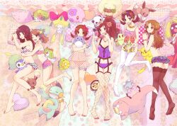  6+girls alternate_costume bad_id bad_pixiv_id bellossom black_hair brown_hair buneary chikorita cushion dawn_(pokemon) drooling eating eevee fishnet_thighhighs fishnets flower garter_straps gulpin hair_ornament hilda_(pokemon) hug jigglypuff jirachi jynx kirlia kris_(pokemon) leaf_(pokemon) lying lyra_(pokemon) marill marshtomp may_(pokemon) miniskirt multiple_girls munna mym oshawott panties photoshop_(medium) pikachu piplup pokemon pokemon_(creature) pokemon_bw pokemon_dppt pokemon_frlg pokemon_gsc pokemon_hgss pokemon_rse polka_dot ribbon rose roselia_(pokemon) shaymin shaymin_(land) sitting skiploom skirt sleeping slowpoke snubbull striped tears thighhighs twintails tympole underwear whimsicott 