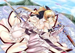  ahoge armor armored_dress artoria_pendragon_(fate) bad_id bad_pixiv_id bare_shoulders blonde_hair bow caliburn_(fate) commentary_request detached_sleeves dress fate/stay_night fate/unlimited_codes fate_(series) female gauntlets green_eyes hairbow long_hair mountain ponytail saber_lily sheath shirokuma_a solo unsheathed 