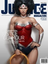  armlet armor ass_visible_through_thighs barcode bare_shoulders black_hair blue_eyes blue_leotard breastplate breasts character_name circlet cleavage collarbone contrapposto cover cowboy_shot dated dc_comics earrings english_text fake_cover fake_magazine_cover female floating_hair gradient_background grey_background hand_on_own_hip holding holding_weapon jewelry lasso lasso_of_truth legs_apart leotard light_smile lips looking_at_viewer magazine_cover medium_breasts muscular parted_lips photoshop_(medium) price_tag realistic red_leotard rope shadow signature skin_tight smile solo standing stanley_lau star_(symbol) star_print strapless strapless_leotard stud_earrings superhero_costume toned vambraces watermark weapon web_address wonder_woman wonder_woman_(series) 