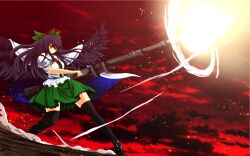  alternate_weapon bird_wings black_hair black_thighhighs bow cannon cape clenched_teeth cloud commentary_request female green_bow gun hairbow highres long_hair nekominase puffy_sleeves red_eyes reiuji_utsuho short_sleeves sky solo teeth thighhighs third_eye touhou weapon wings 