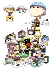  6+girls :3 aircraft alcohol alice_margatroid animal_ears antennae bat_wings black_hair blonde_hair blue_hair bow braid bucket bug cage cart chen copy_ability crying doujinshi drinking entangled everyone farmer flandre_scarlet floating flower flying fox_ears fox_tail gap_(touhou) ghost green_hair hair_ornament hairbow hakurei_reimu hat headband hieda_no_akyuu hime_cut hinanawi_tenshi horns hose hoshiguma_yuugi hot_air_balloon in_bucket in_container inaba_tewi jealous kagiyama_hina kawashiro_nitori kazami_yuuka kimeemaru kirby kirby_(series) kirisame_marisa kisume konpaku_youmu konpaku_youmu_(ghost) kurodani_yamame letty_whiterock licking lifting lightning manhole medicine_melancholy mizuhashi_parsee moriya_suwako multiple_girls mystia_lorelei nagae_iku nichori open_mouth outstretched_arms pageratta pale_skin patchouli_knowledge plate purple_hair pushing pyonta rabbit_ears red_hair remilia_scarlet ribbon rope rumia saigyouji_yuyuko sake saturday_night_fever scared shaded_face shameimaru_aya sharp_teeth shimenawa single_horn solid_circle_pupils spider spinning spread_arms surprised tail teeth teruyof tongue touhou triangular_headpiece twin_braids two_side_up upside-down wheelbarrow wings witch_hat wriggle_nightbug writing yakumo_ran yakumo_yukari yasaka_kanako yukkuri_shiteitte_ne 