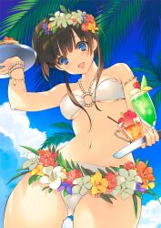  :d arm_up armlet ass_visible_through_thighs bad_id bad_pixiv_id bikini blue_eyes blush bracelet breasts brown_hair cloud cowboy_shot day drink female fingernails flower food from_below glass hair_flower hair_ornament halterneck hibiscus holding ice_cream ice_cream_float ishikawa_mami jewelry looking_at_viewer looking_down medium_breasts melon_soda mole mole_under_eye navel o-ring o-ring_bikini o-ring_top open_mouth original outdoors plumeria seashell shell short_hair sky smile solo swimsuit tray tropical_drink underboob wet white_bikini 