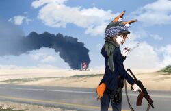  animal_ears assault_rifle cigarette cloud desert dreadtie edith_connie_callaghan fire fox_ears fox_tail foxgirl green_eyes gun handgun m1911 orange_hair original pistol rifle road scarf smoking tail trigger_discipline weapon 