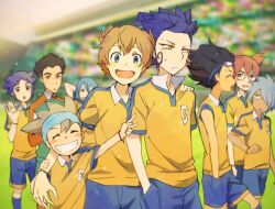  6+boys blue_eyes blue_hair blush bracelet brown_eyes brown_hair closed_eyes commentary_request glasses goalkeeper grin hamano_kaiji hayami_tsurumasa inazuma_eleven_(series) inazuma_eleven_go jewelry kageyama_hikaru kariya_masaki kurama_norihito long_hair male_focus matsukaze_tenma mezashi_(mezasi) multiple_boys nishizono_shinsuke open_mouth photoshop_(medium) raimon raimon_soccer_uniform sangoku_taichi smile soccer_field soccer_uniform sportswear tsurugi_kyousuke v yellow_eyes 