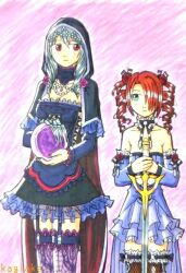  2girls amy_sorel artist_name bad_id bad_pixiv_id bare_shoulders breasts choker claw_(weapon) cleavage detached_sleeves drill_hair frills garter_straps gem grey_hair hair_over_one_eye jewelry kagiake marker_(medium) medium_breasts multiple_girls necklace orb pearl_(gemstone) rapier red_eyes red_hair skirt soulcalibur soulcalibur_iv soulcalibur_v sword thighhighs traditional_media twin_drills twintails viola_(soulcalibur) weapon 