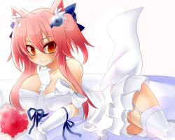  animal_ears bare_shoulders between_breasts bouquet breasts bride cat_ears cleavage dress elbow_gloves female female flower gloves hair_ornament highres jontake long_hair lying miniskirt on_stomach orange_eyes pink_hair shinrabanshou shiten_rekka_karin skirt smile solo thighhighs thighs wedding_dress white_legwear white_thighhighs 