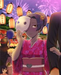  aerial_fireworks aged_down alternate_hairstyle assassin_(fate/zero) azumakuro berserker_(fate/zero) blurry blush commentary_request couple dark-skinned_female dark_skin depth_of_field fate/zero fate_(series) female female_assassin_(fate/zero) fireworks hair_bun height_difference japanese_clothes kimono kotomine_kirei lantern mask matou_kariya matou_sakura obi photoshop_(medium) purple_hair sash single_hair_bun straight 